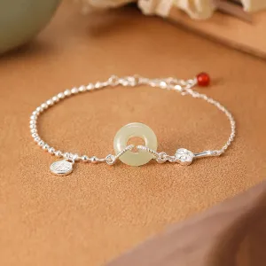 Buddha Stones 925 Sterling Silver Hetian Jade Peace Buckle Fu Character Luck Chain Bracelet