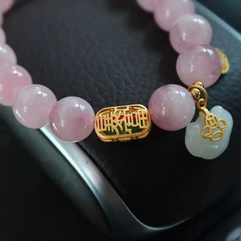 Buddha Stones 925 Sterling Silver Natural Madagascar Rose Quartz Hetian Jade Wish Lock Peace Bracelet