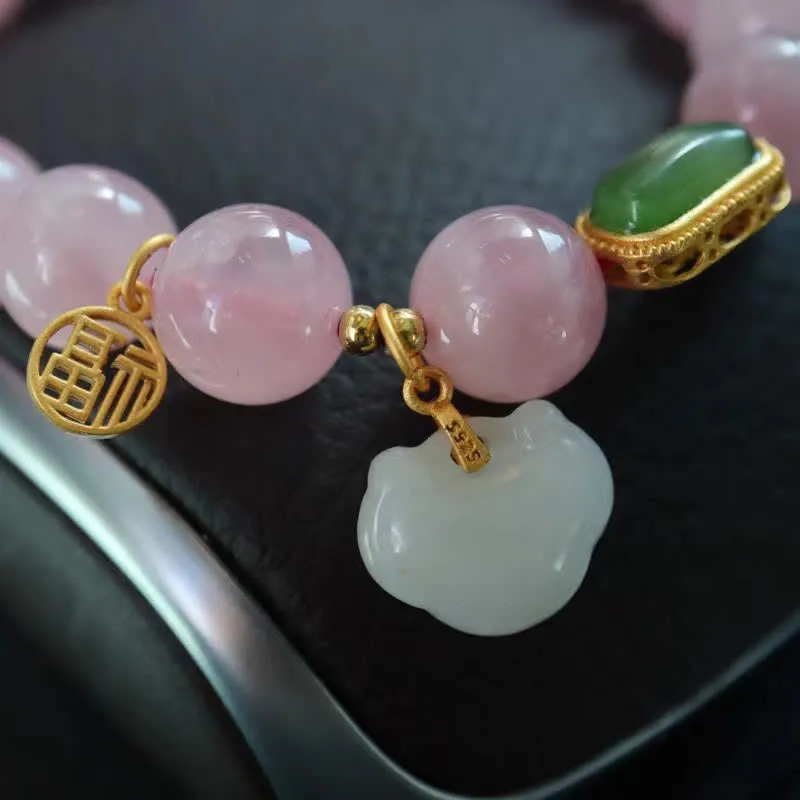 Buddha Stones 925 Sterling Silver Natural Madagascar Rose Quartz Hetian Jade Wish Lock Peace Bracelet