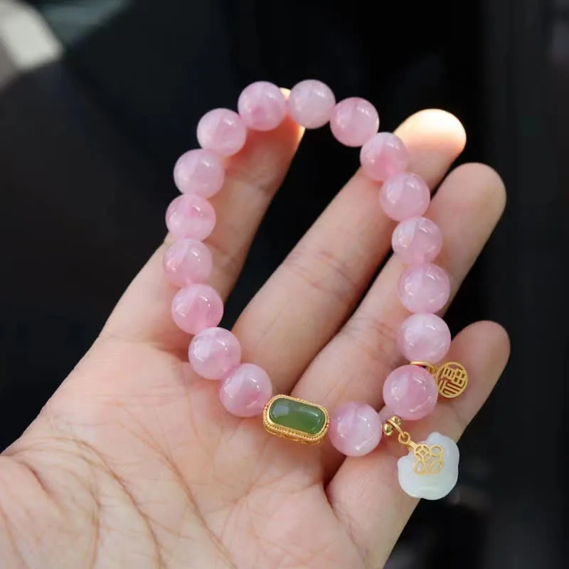 Buddha Stones 925 Sterling Silver Natural Madagascar Rose Quartz Hetian Jade Wish Lock Peace Bracelet