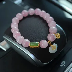 Buddha Stones 925 Sterling Silver Natural Madagascar Rose Quartz Hetian Jade Wish Lock Peace Bracelet