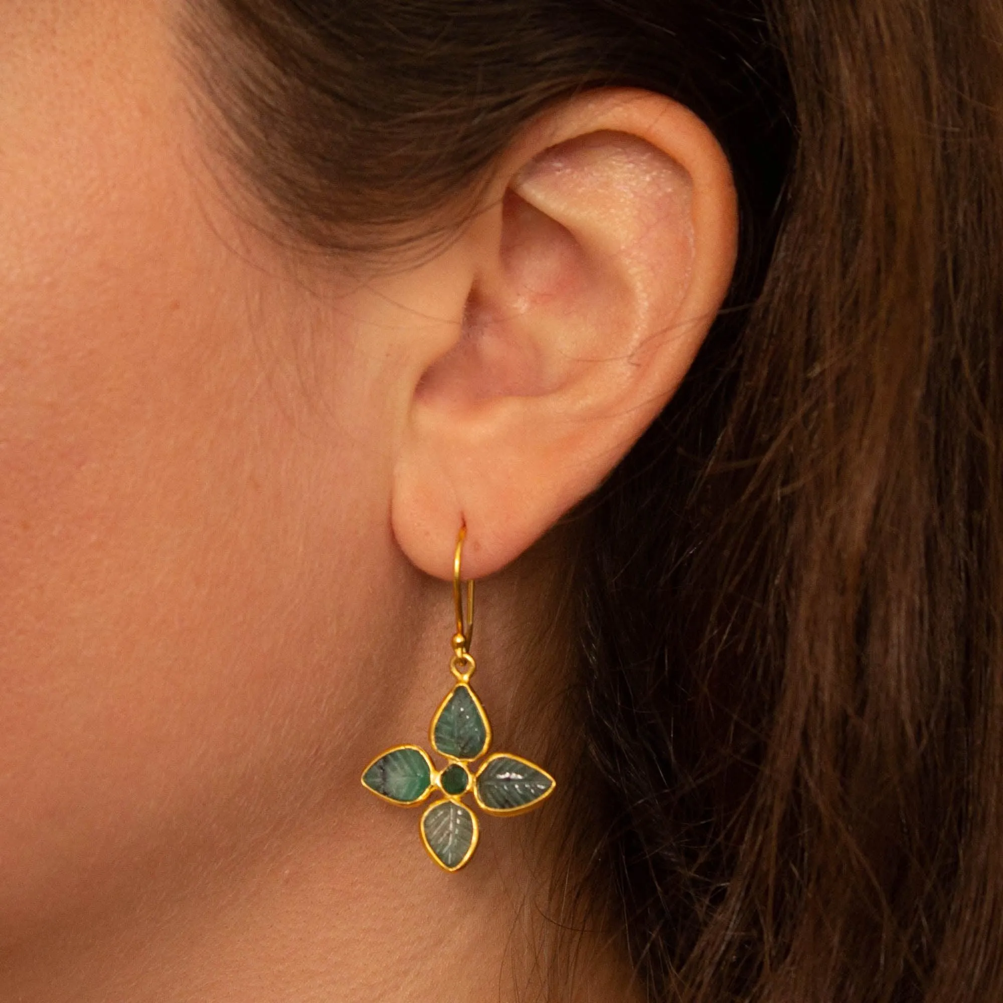 Carved Emerald Gold Leaf Earrings