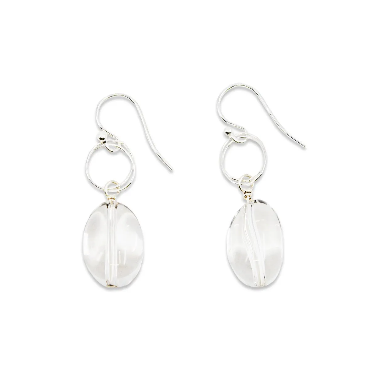 Circle Drop Earrings, Crystal Quartz with Silver or Gold