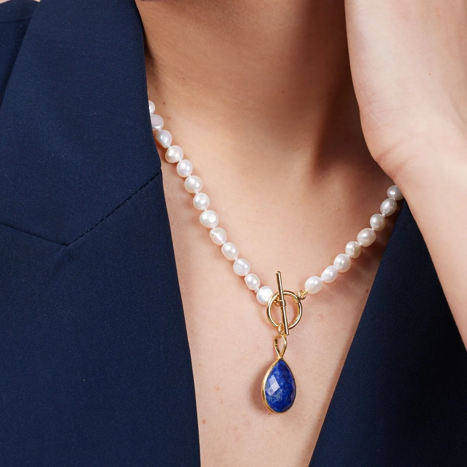 Clara cultured freshwater pearl necklace with lapis lazuli gold vermeil drop
