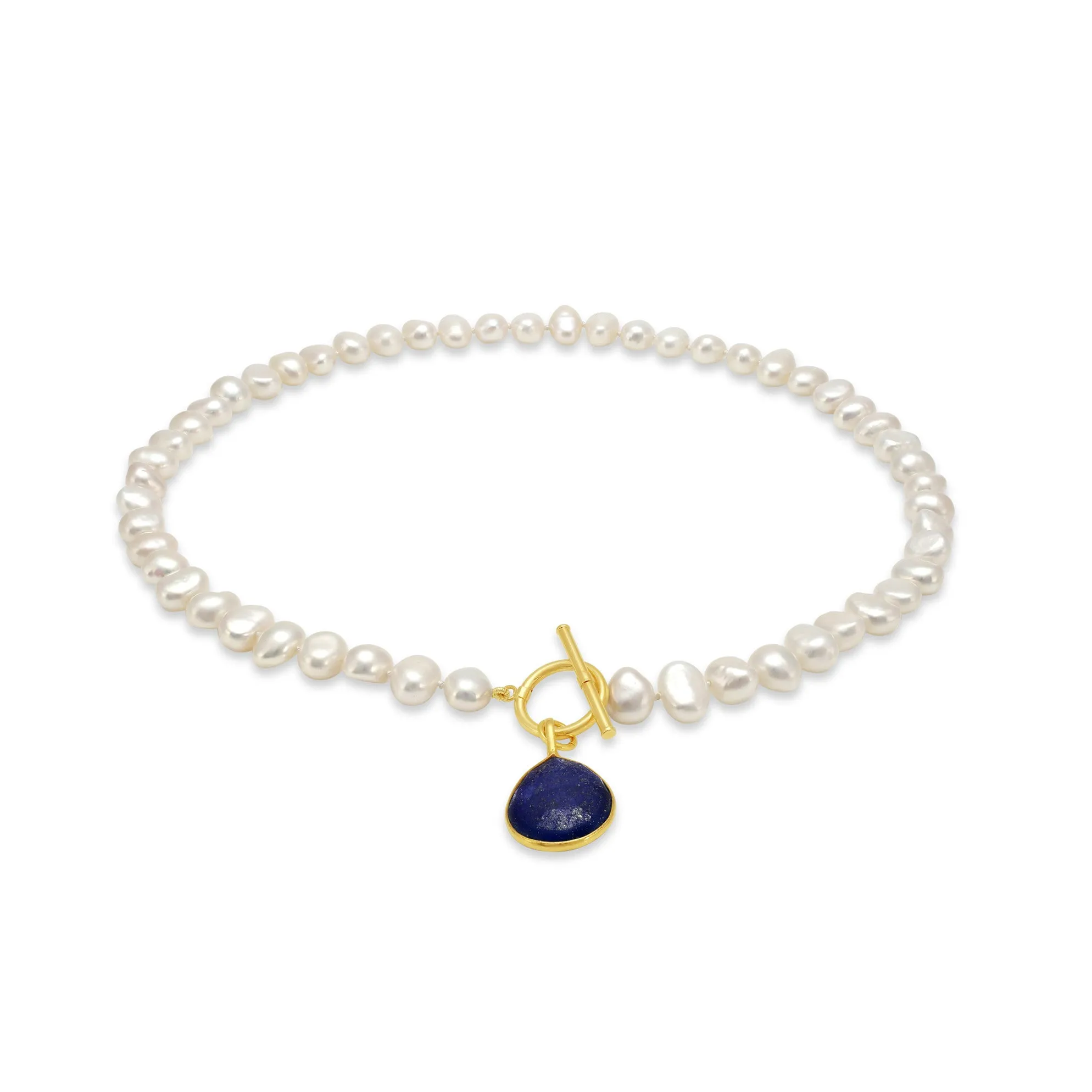 Clara cultured freshwater pearl necklace with lapis lazuli gold vermeil drop