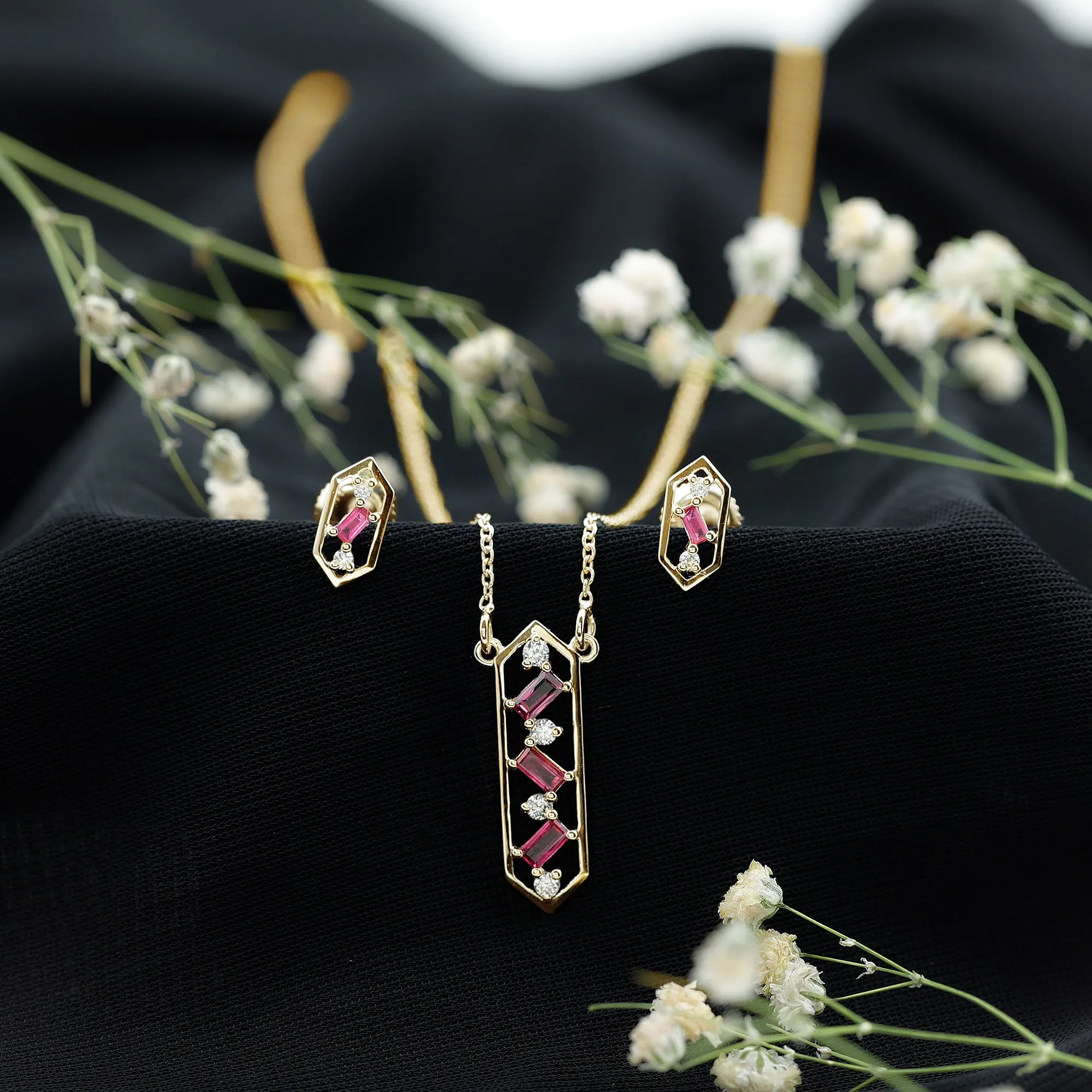 Contemporary Ruby and Diamond Dangle jewelry Set
