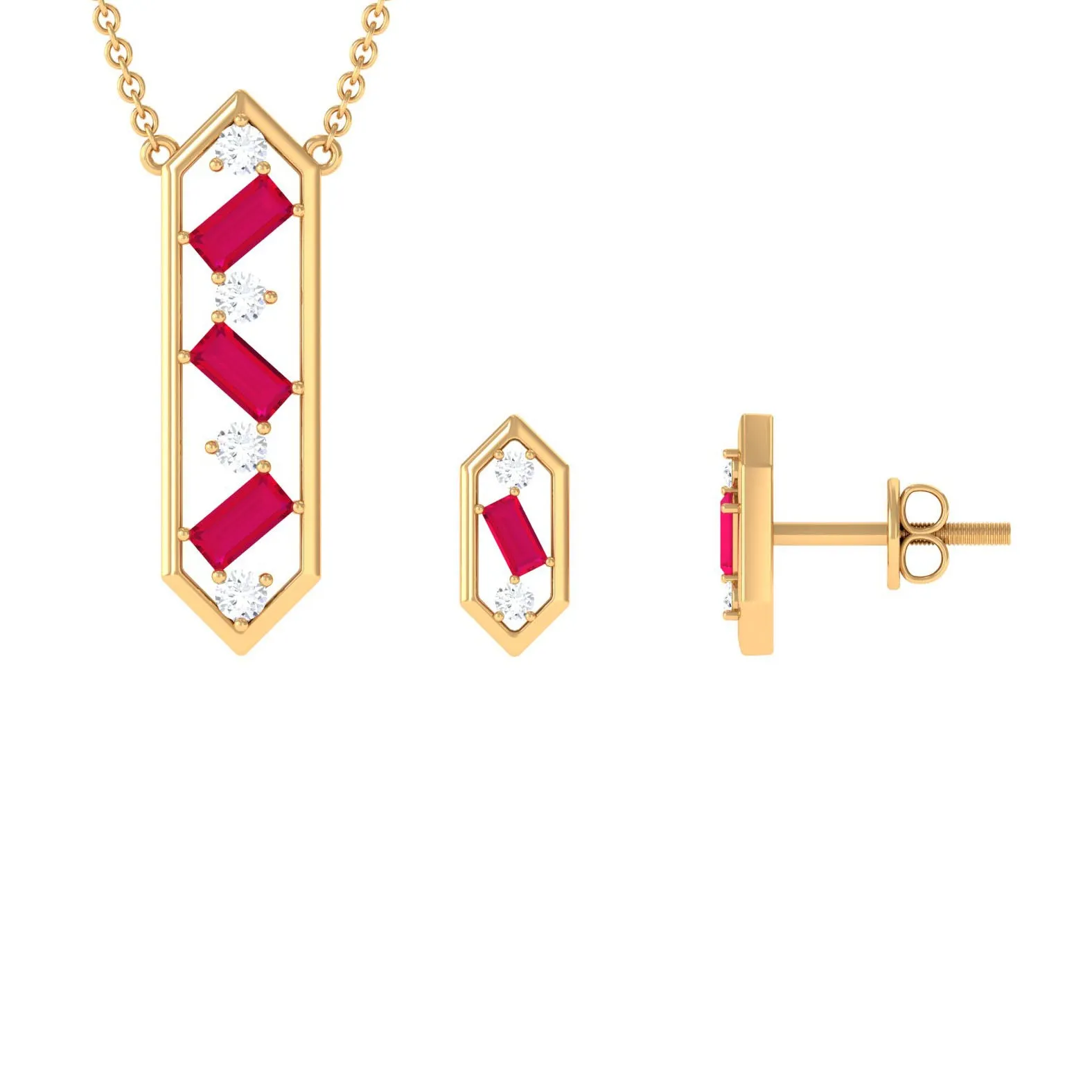 Contemporary Ruby and Diamond Dangle jewelry Set