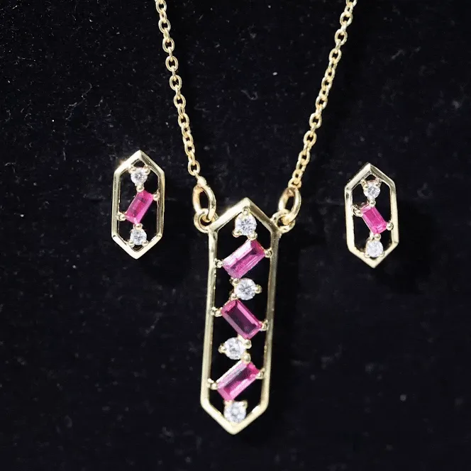 Contemporary Ruby and Diamond Dangle jewelry Set