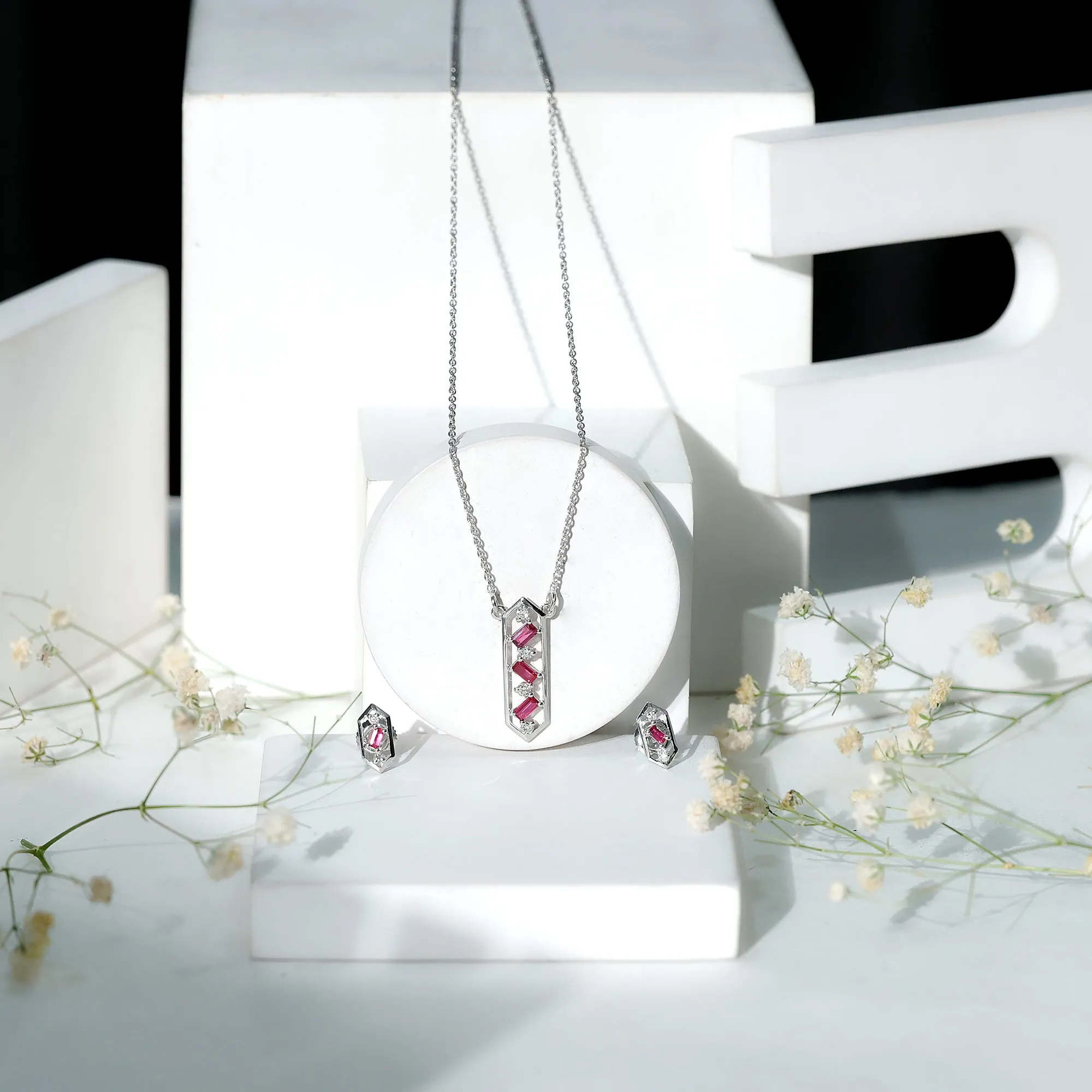Contemporary Ruby and Diamond Dangle jewelry Set