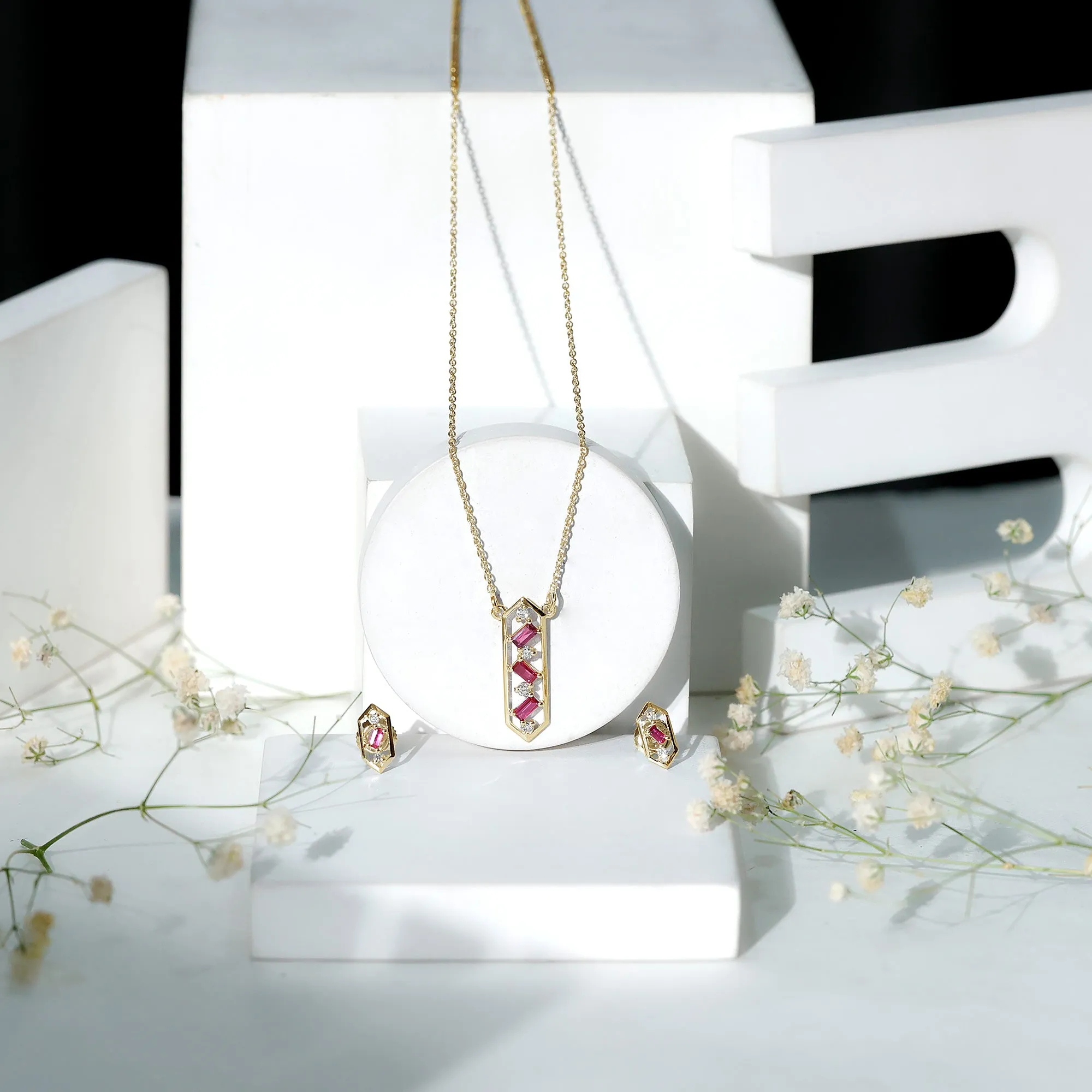 Contemporary Ruby and Diamond Dangle jewelry Set
