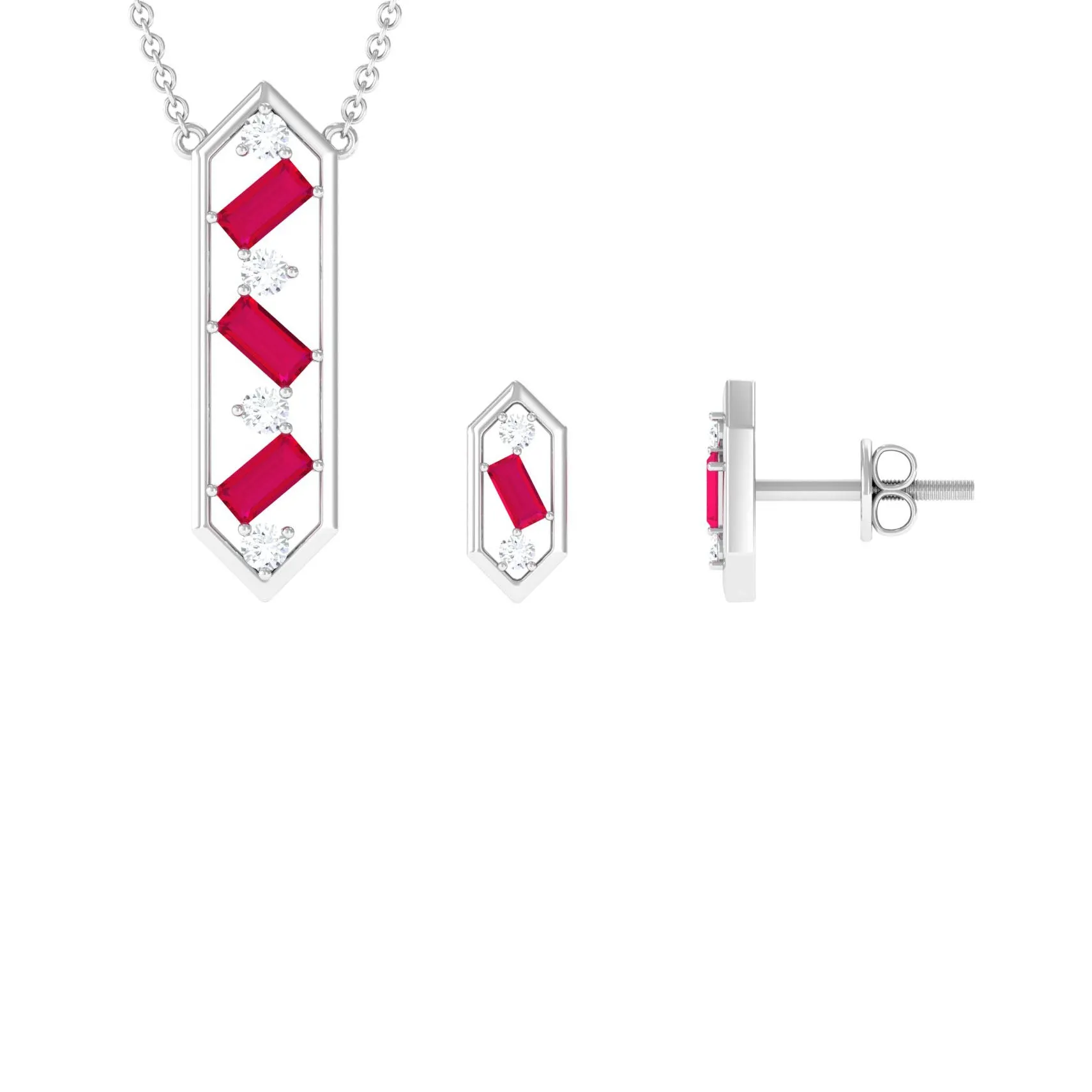 Contemporary Ruby and Diamond Dangle jewelry Set