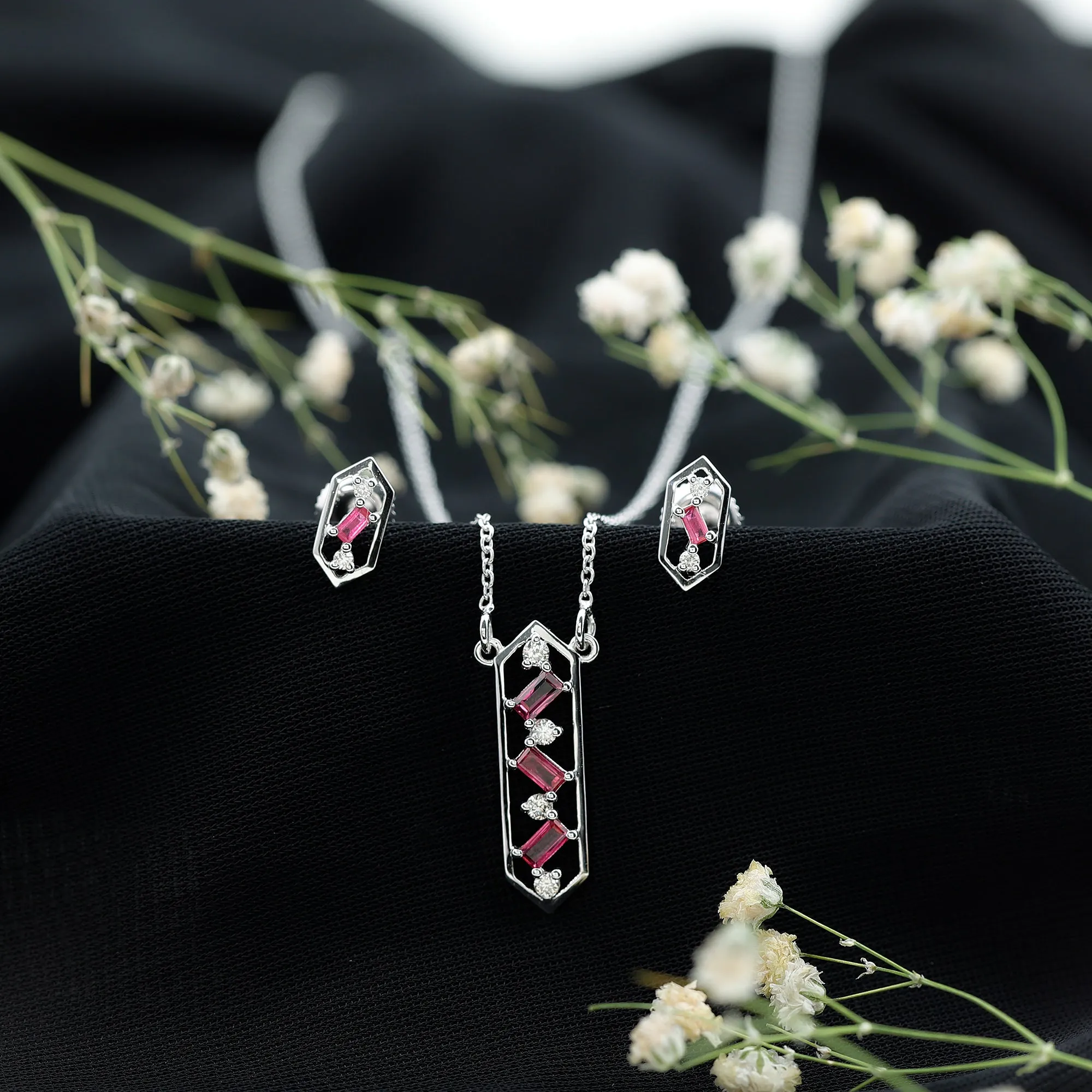 Contemporary Ruby and Diamond Dangle jewelry Set