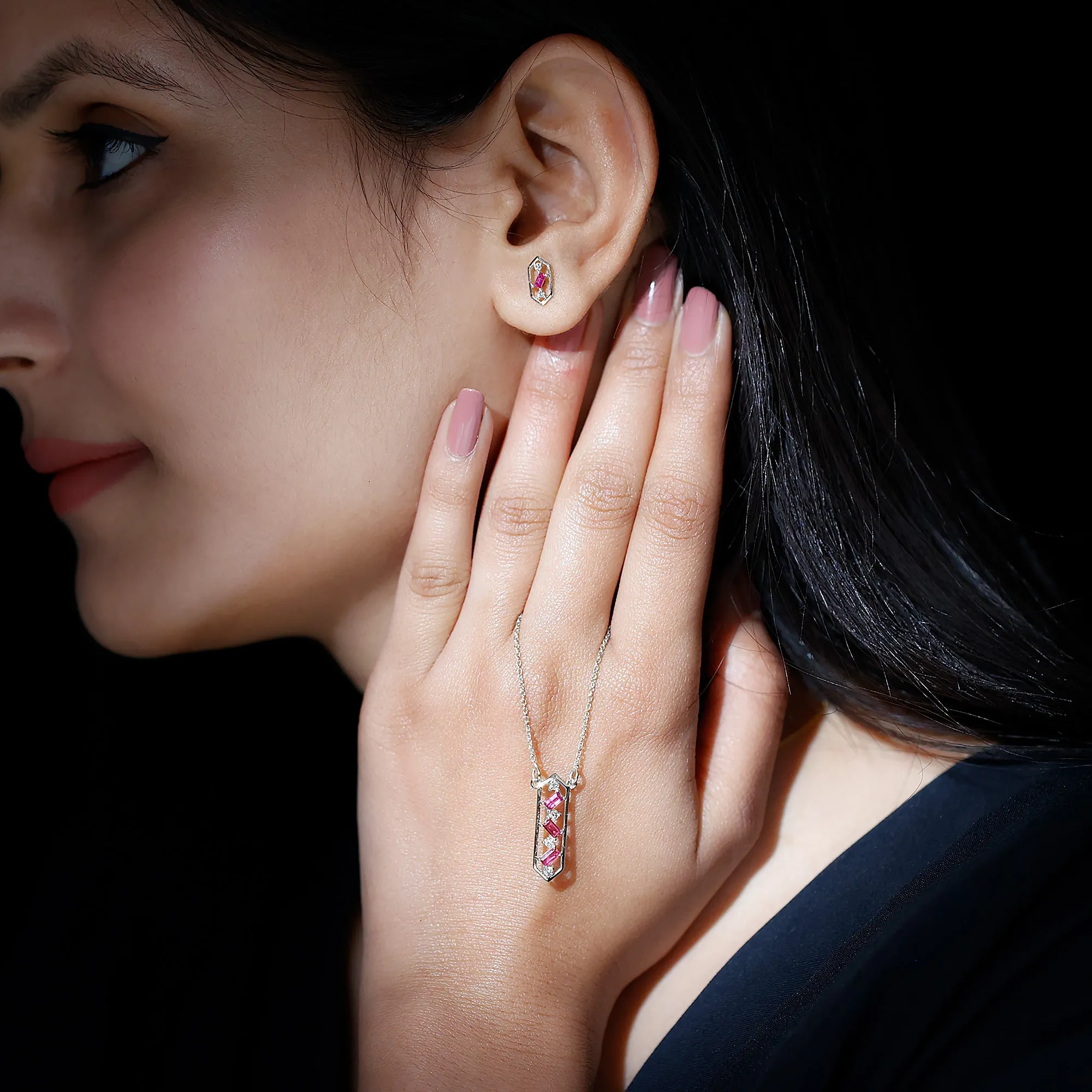 Contemporary Ruby and Diamond Dangle jewelry Set