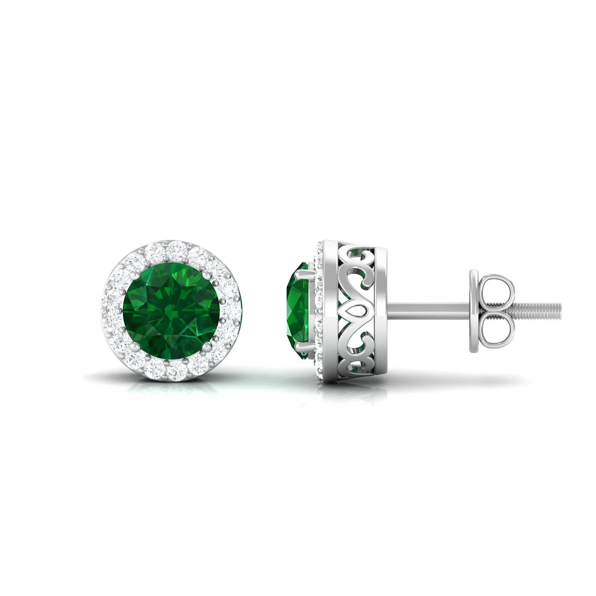 Created Emerald and Diamond Classic Halo Stud Earrings