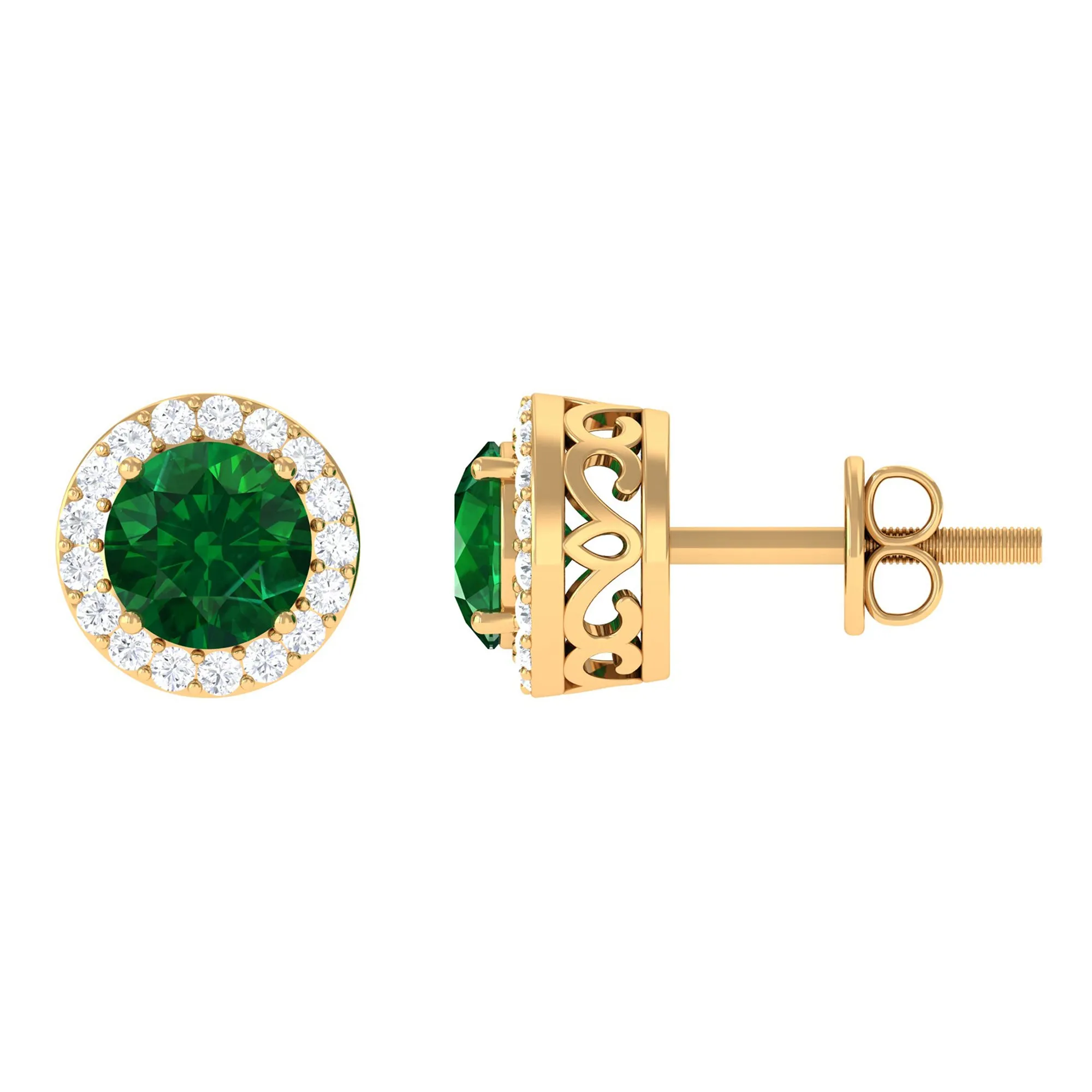 Created Emerald and Diamond Classic Halo Stud Earrings