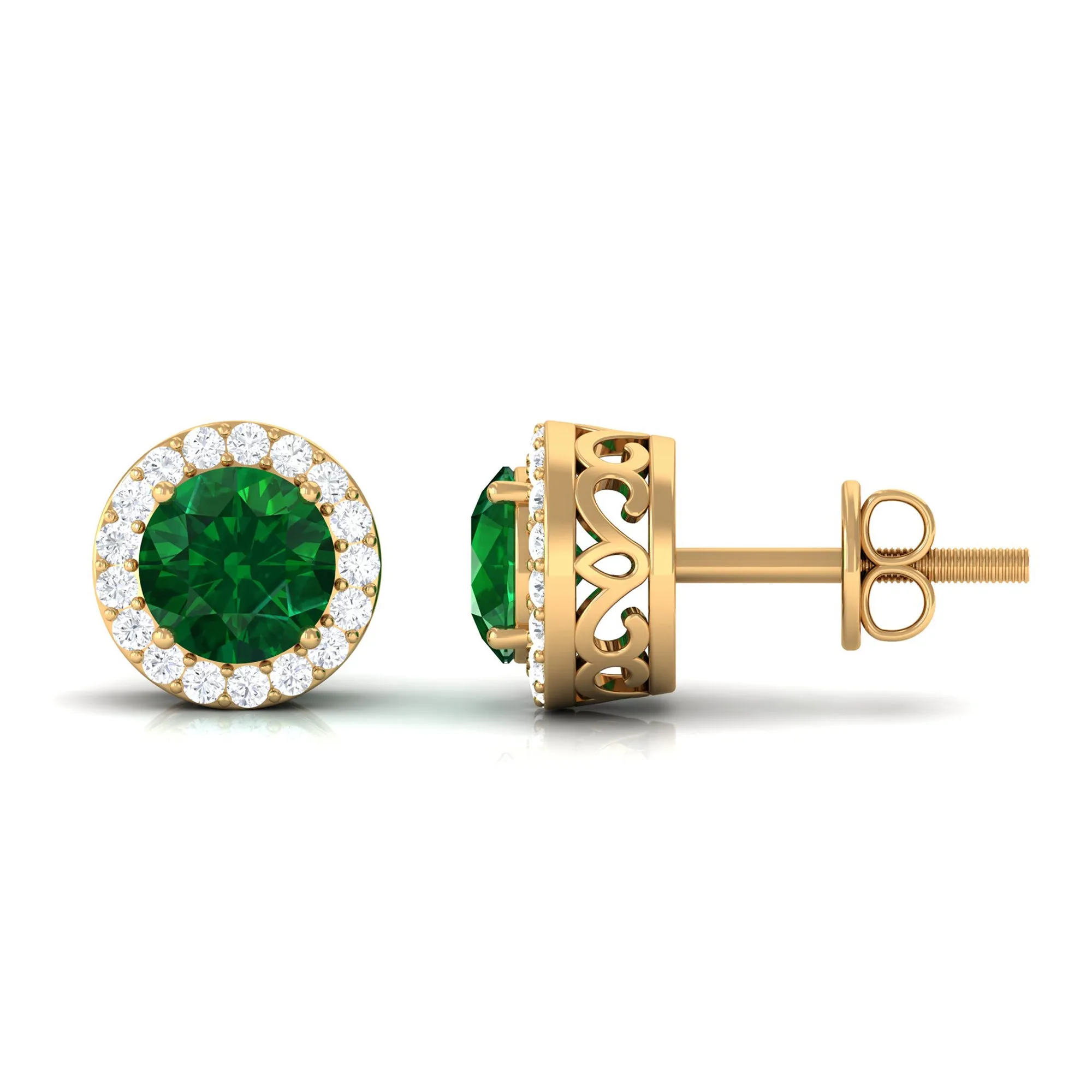 Created Emerald and Diamond Classic Halo Stud Earrings