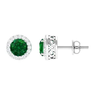 Created Emerald and Diamond Classic Halo Stud Earrings