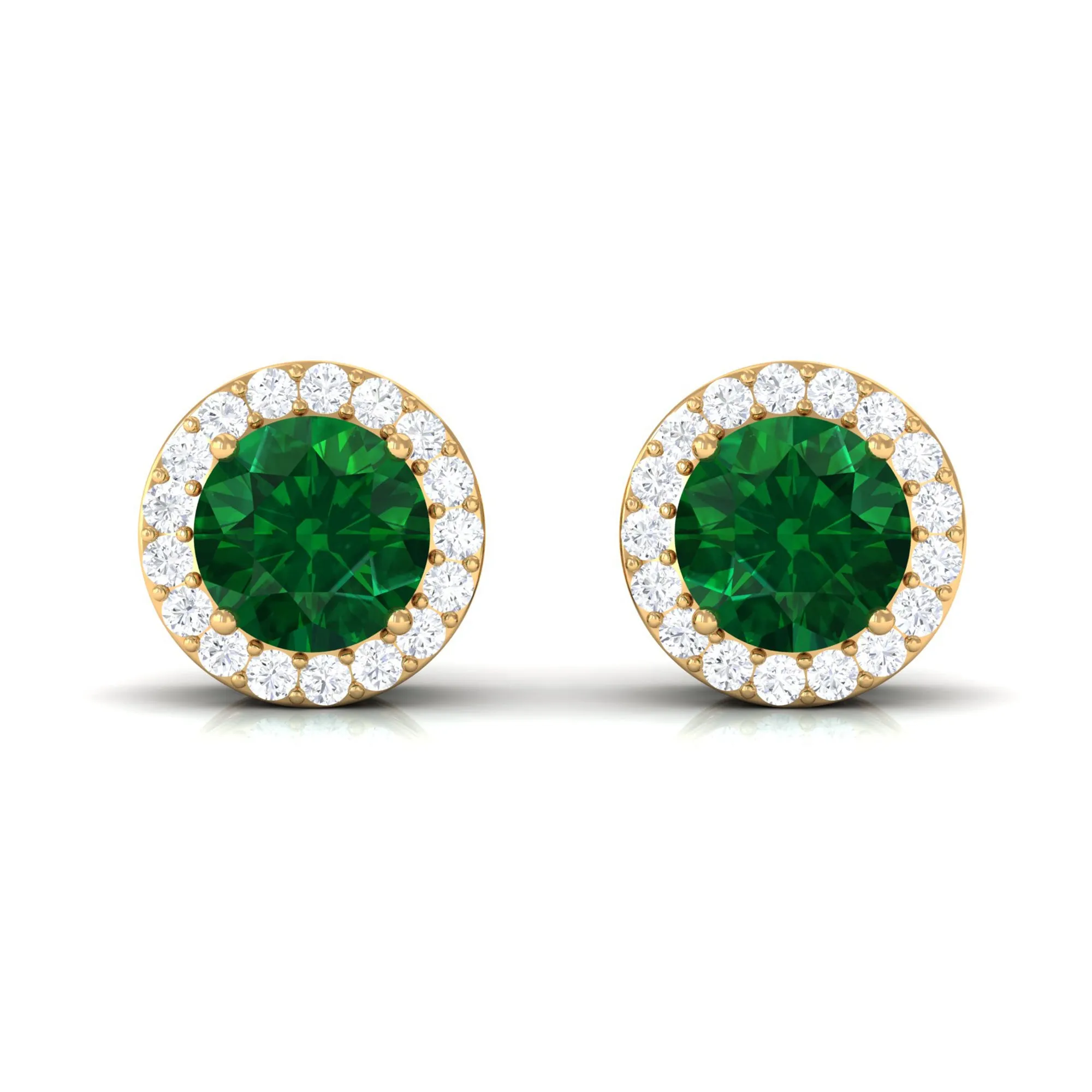 Created Emerald and Diamond Classic Halo Stud Earrings