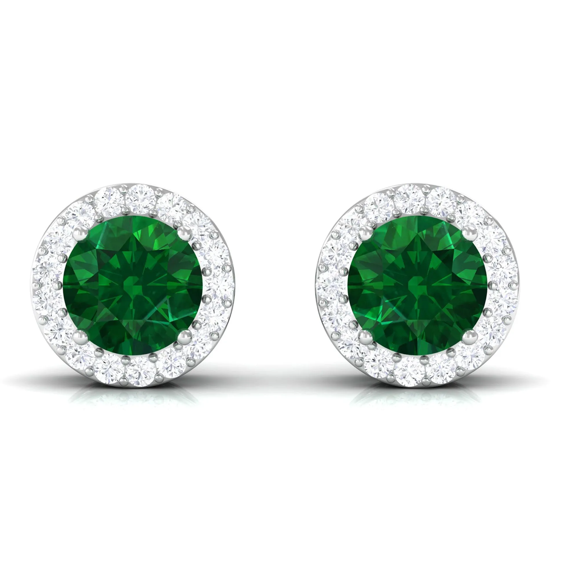 Created Emerald and Diamond Classic Halo Stud Earrings