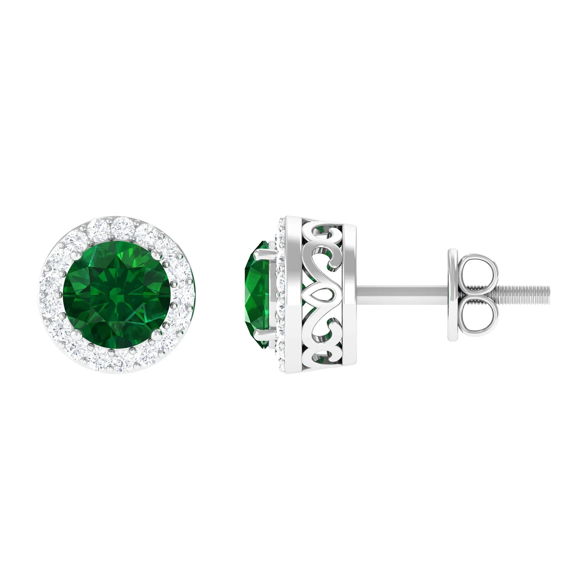 Created Emerald and Diamond Classic Halo Stud Earrings