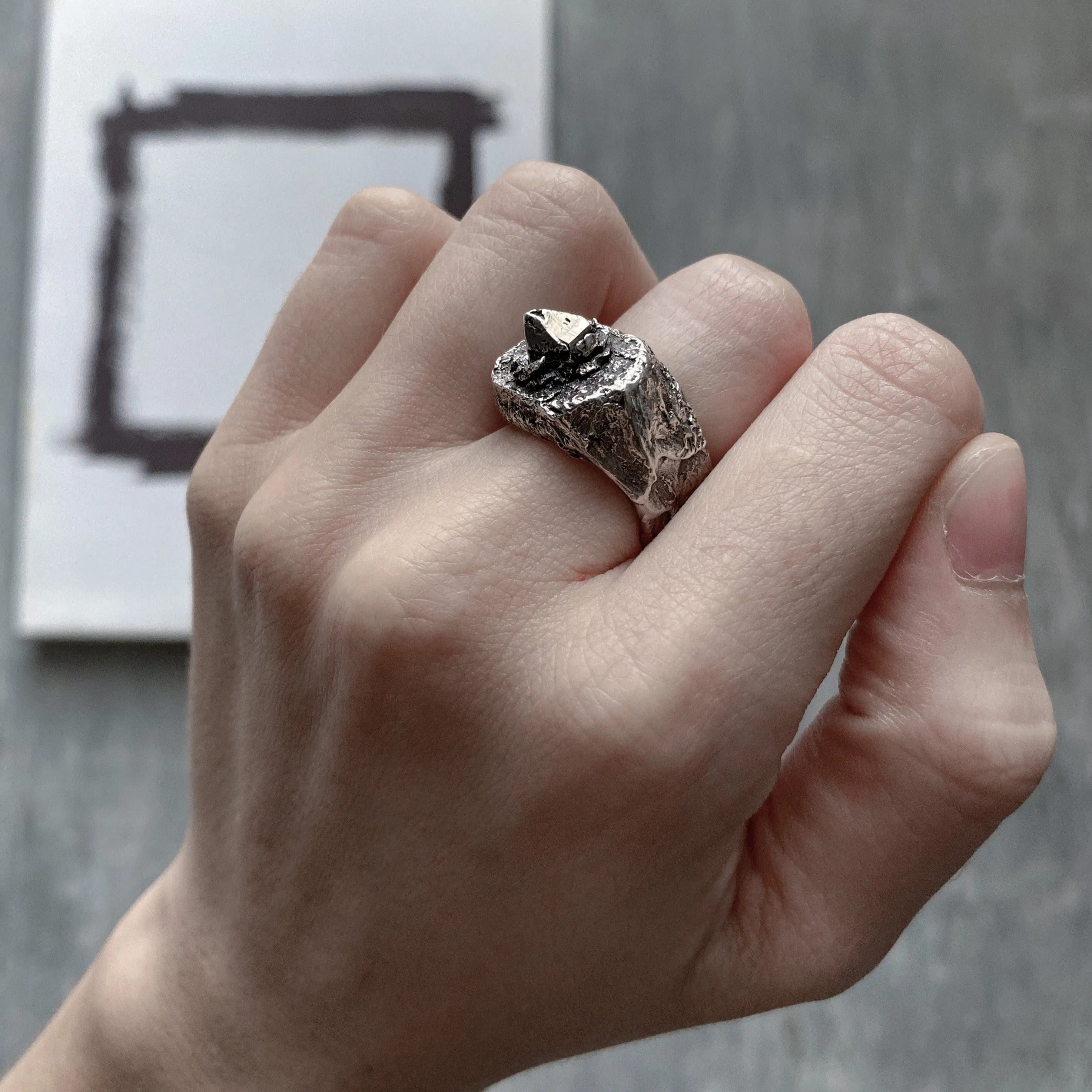 Cristal ring- unusual ring with stone texture and silver crystal
