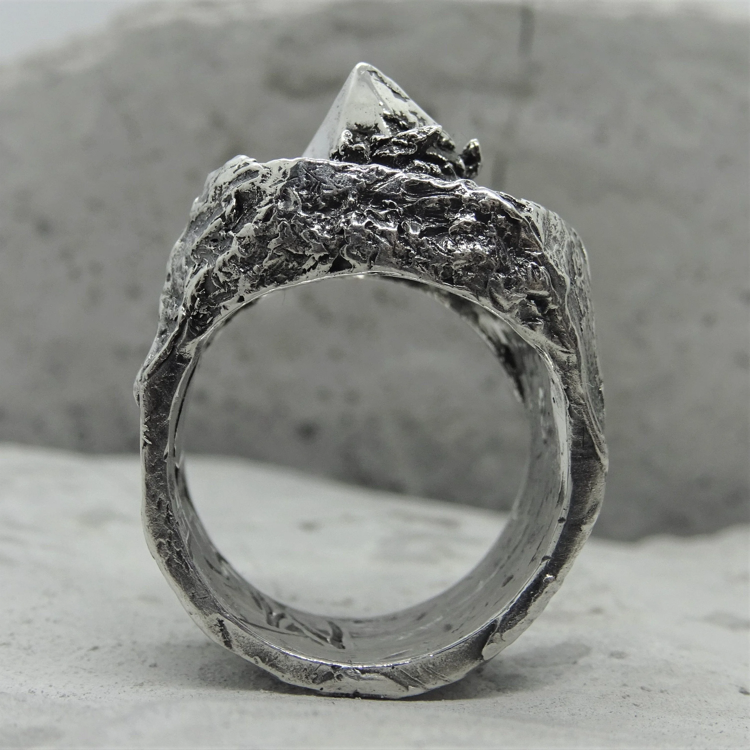Crystal ring- unusual ring with stone texture and silver crystal