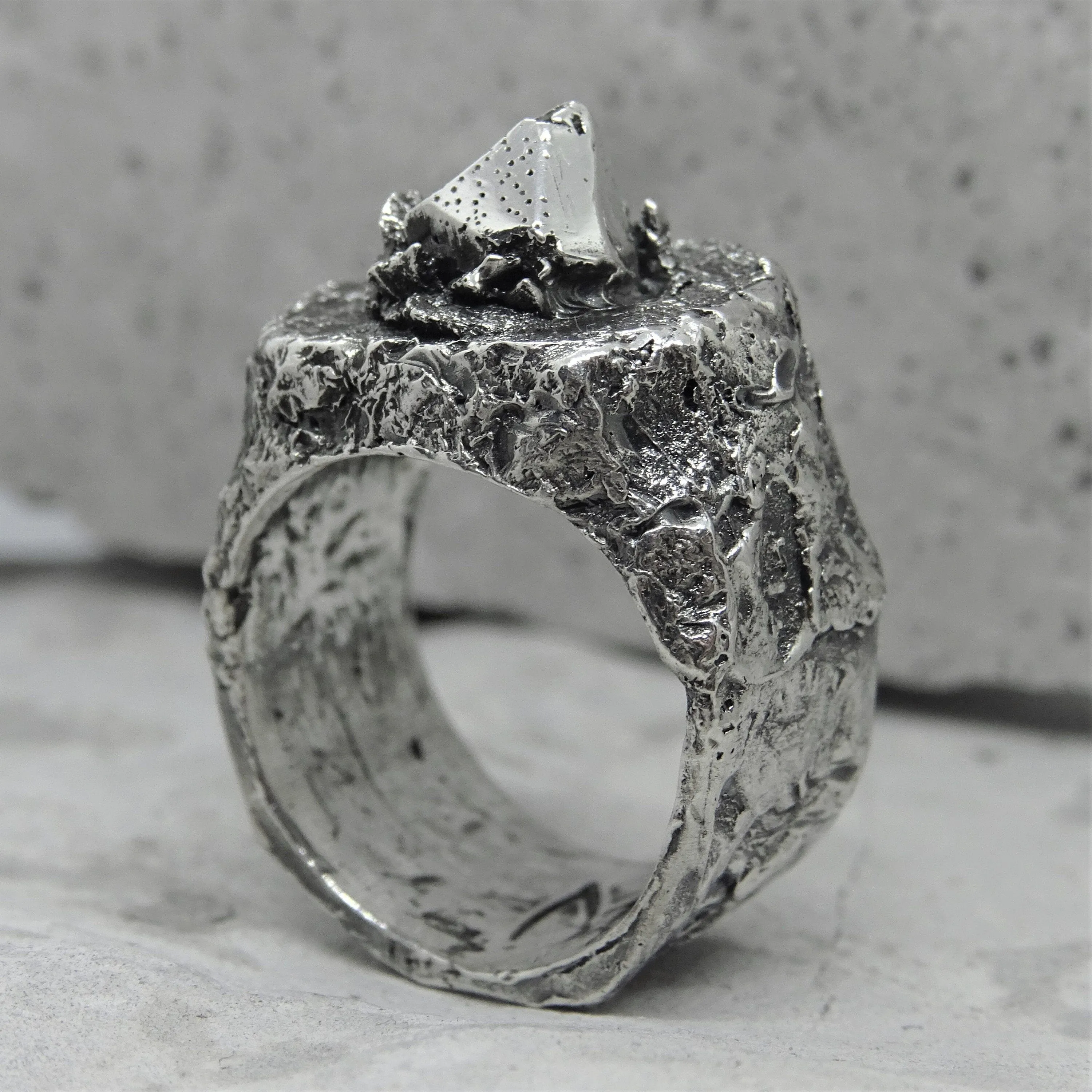 Crystal ring- unusual ring with stone texture and silver crystal