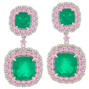 Cushion Green Emerald Sterling Silver Earrings with Sapphire Accent