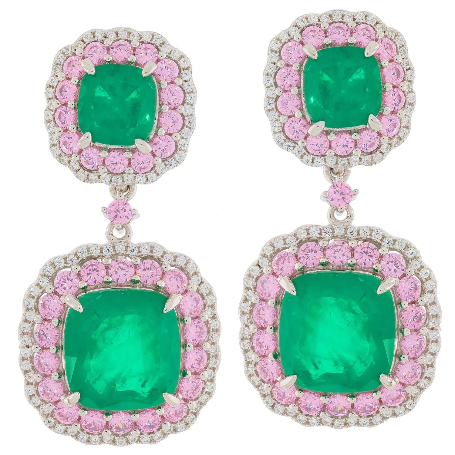 Cushion Green Emerald Sterling Silver Earrings with Sapphire Accent