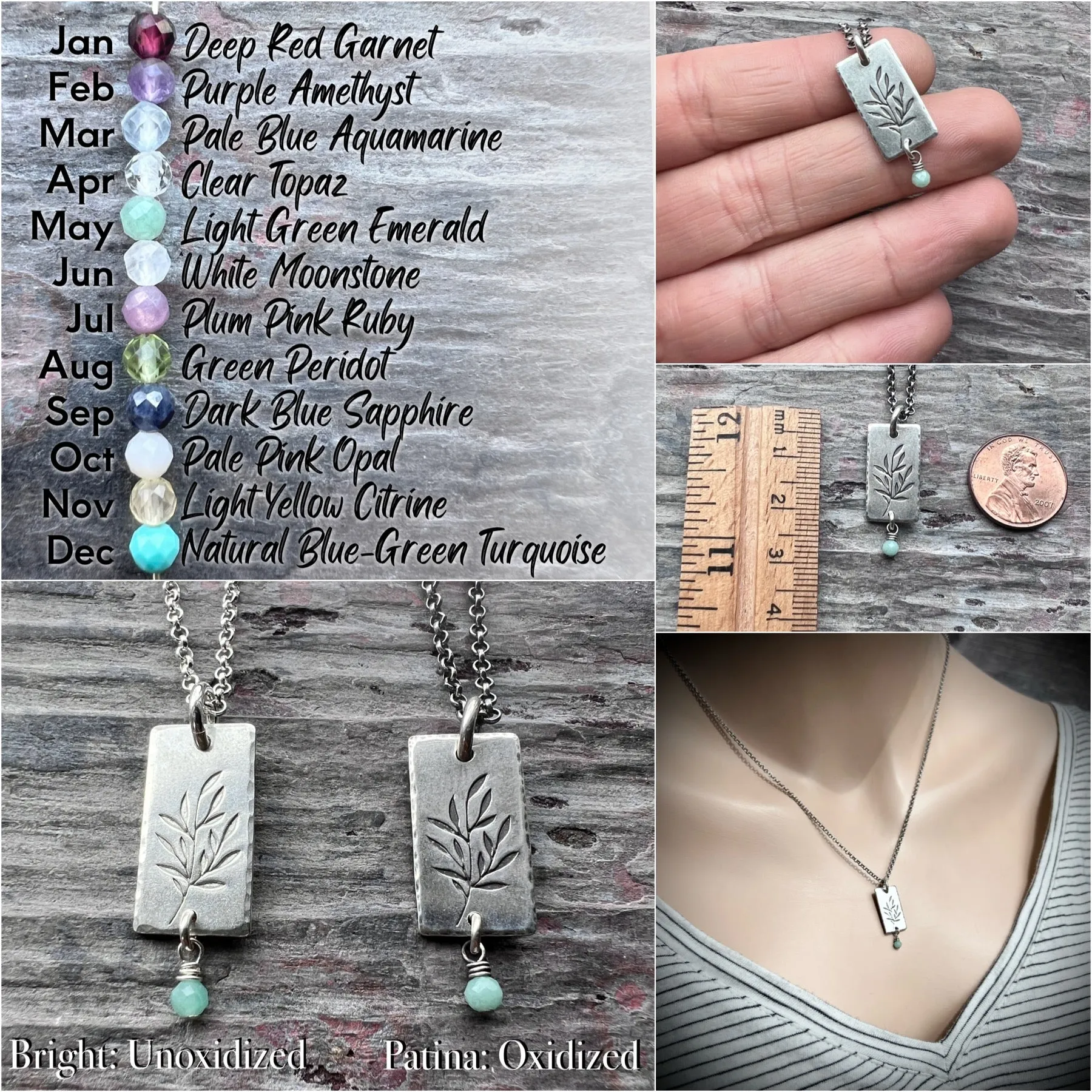 Customizable Sterling Silver Birthstone Necklace | Tiny Genuine Gemstone on Silver Branch Pendant