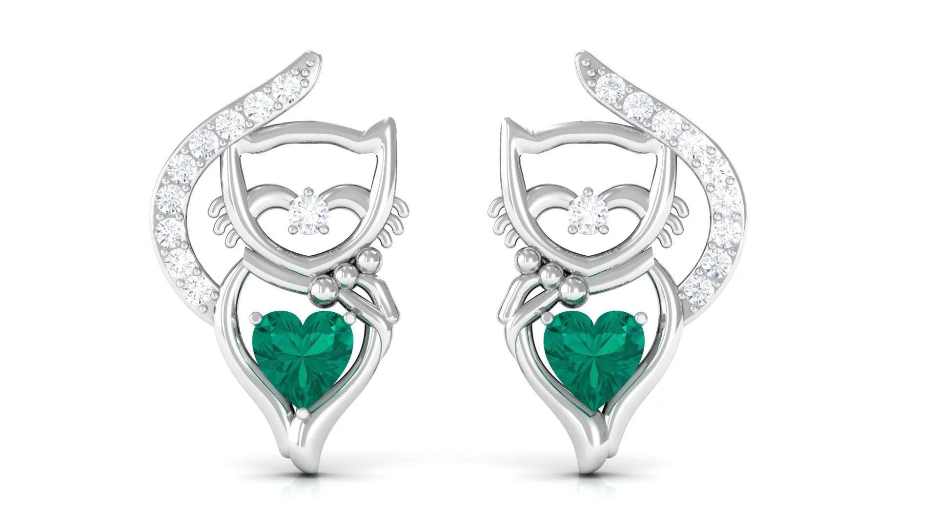 Cute Cat Stud Earrings with Emerald and Diamond