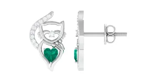Cute Cat Stud Earrings with Emerald and Diamond