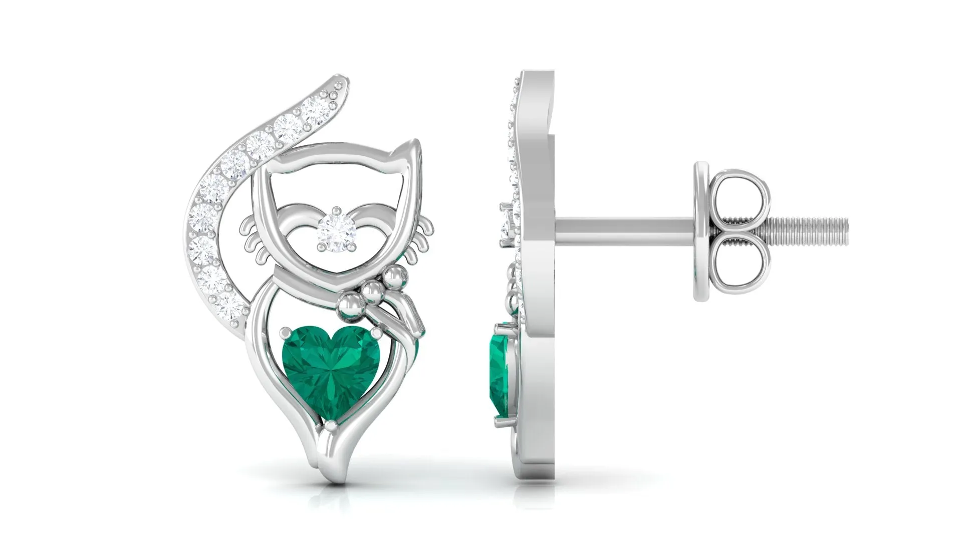 Cute Cat Stud Earrings with Emerald and Diamond