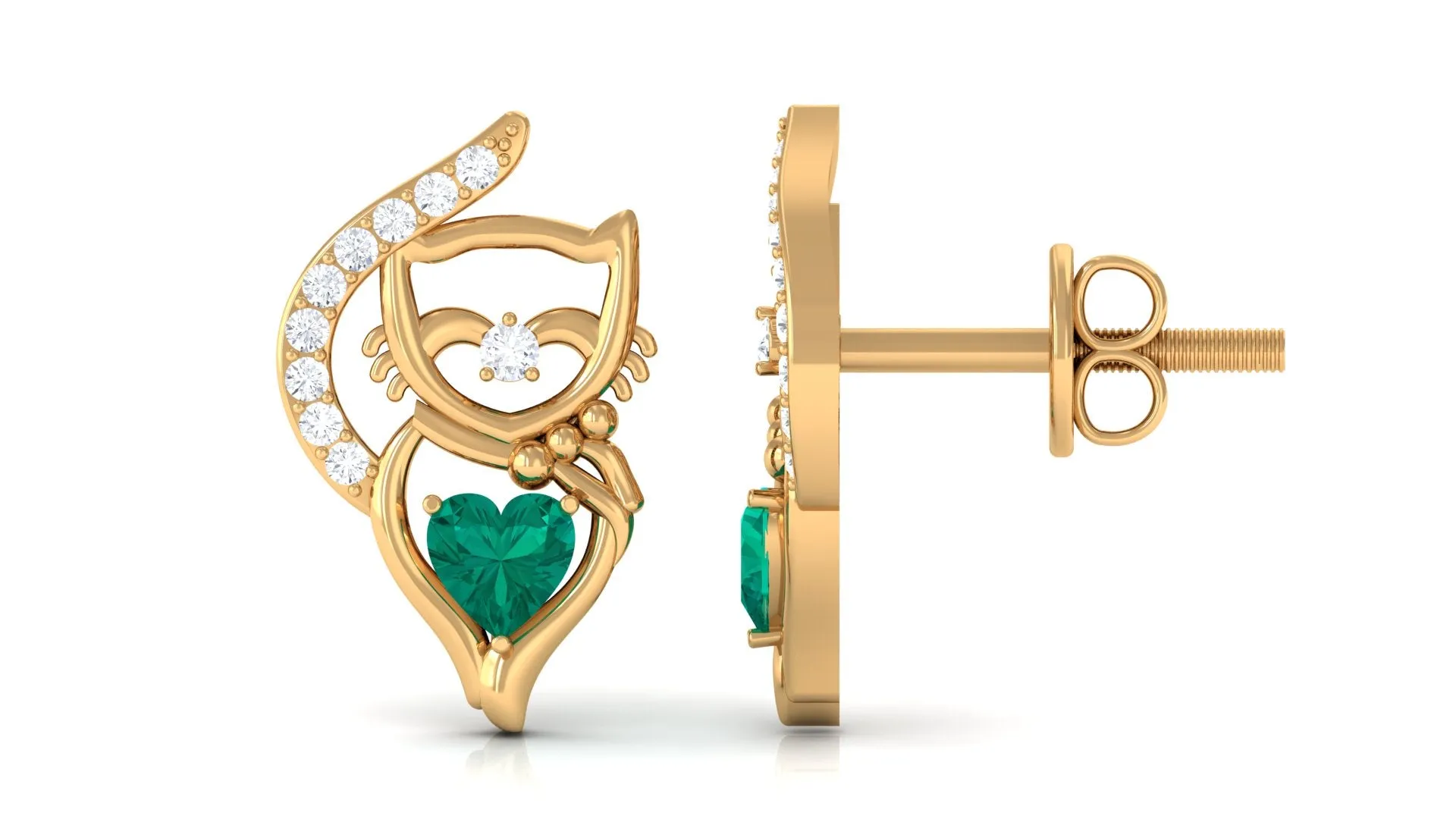 Cute Cat Stud Earrings with Emerald and Diamond