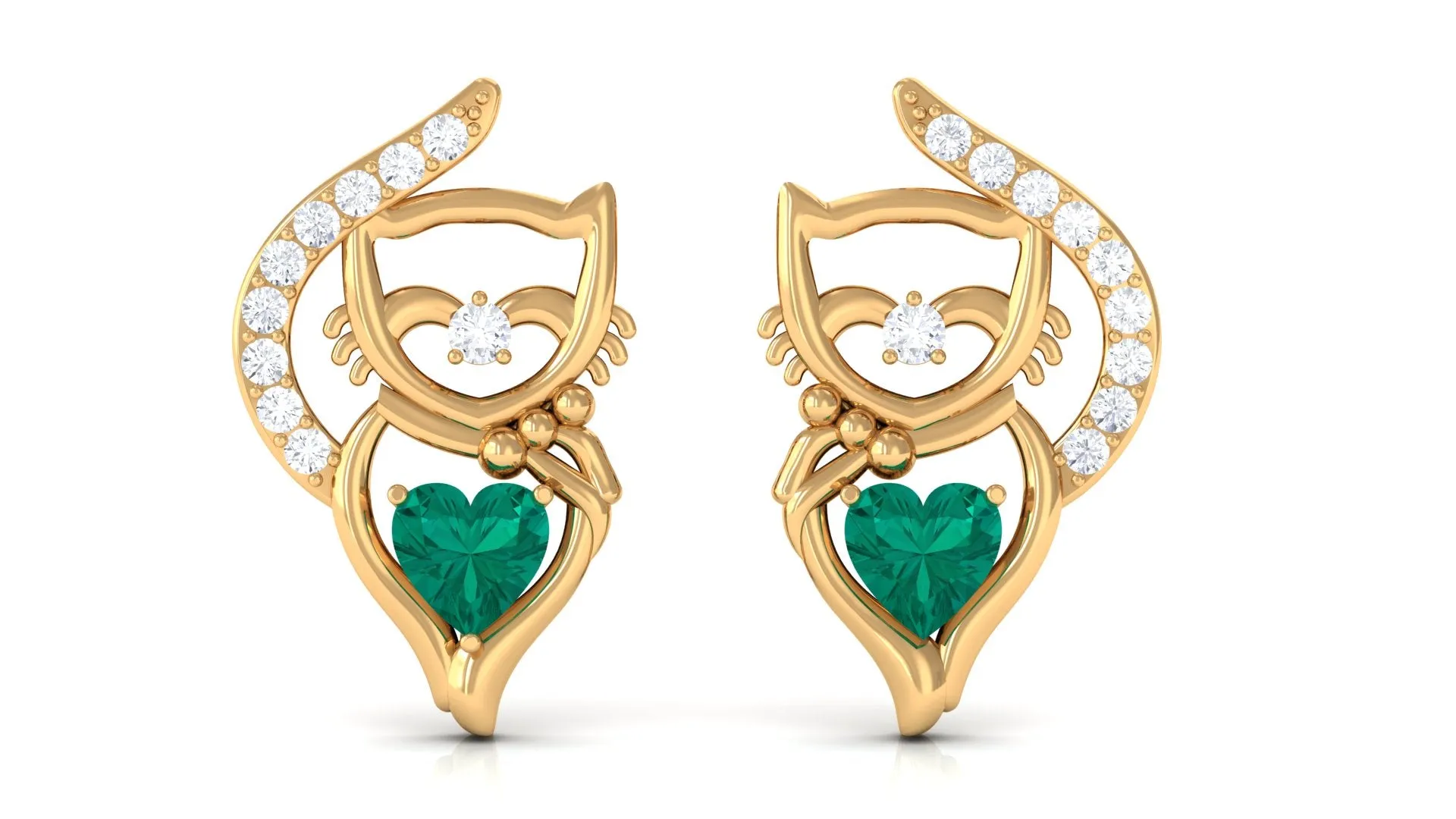 Cute Cat Stud Earrings with Emerald and Diamond