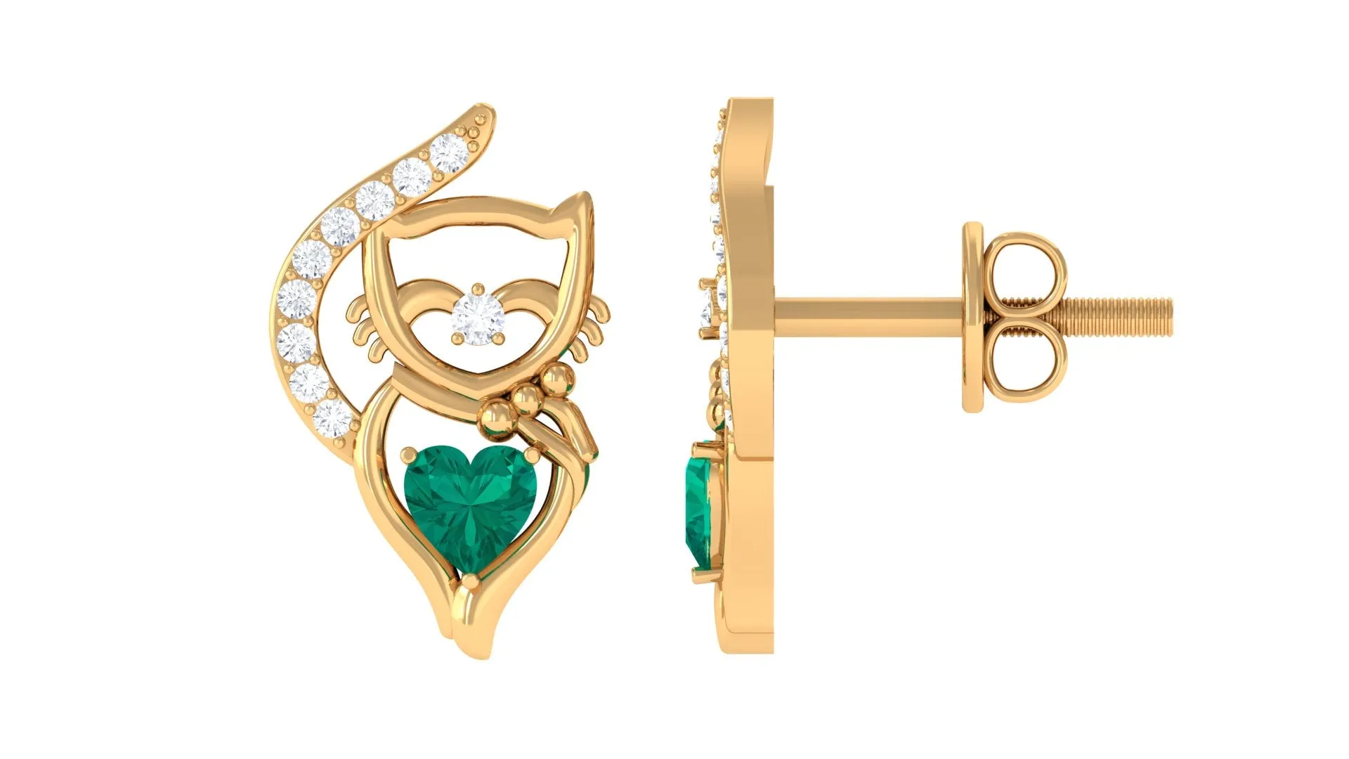 Cute Cat Stud Earrings with Emerald and Diamond