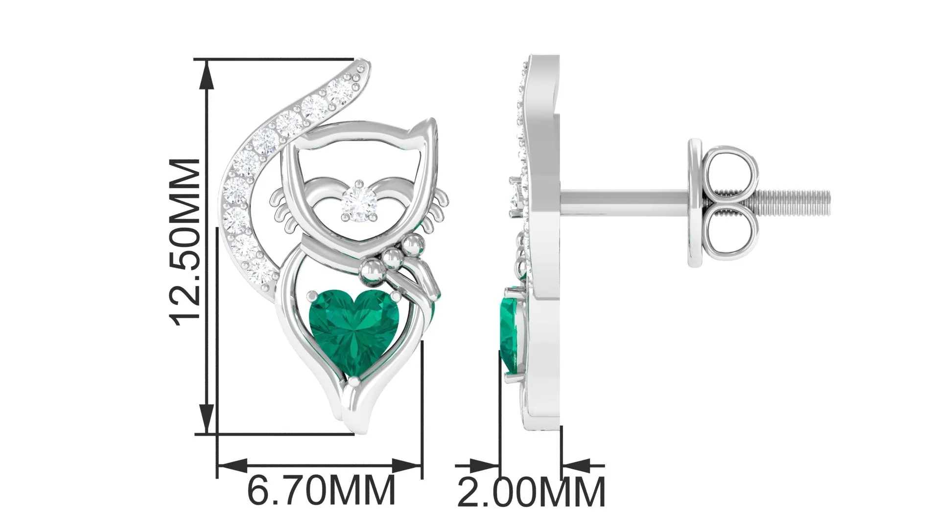 Cute Cat Stud Earrings with Emerald and Diamond