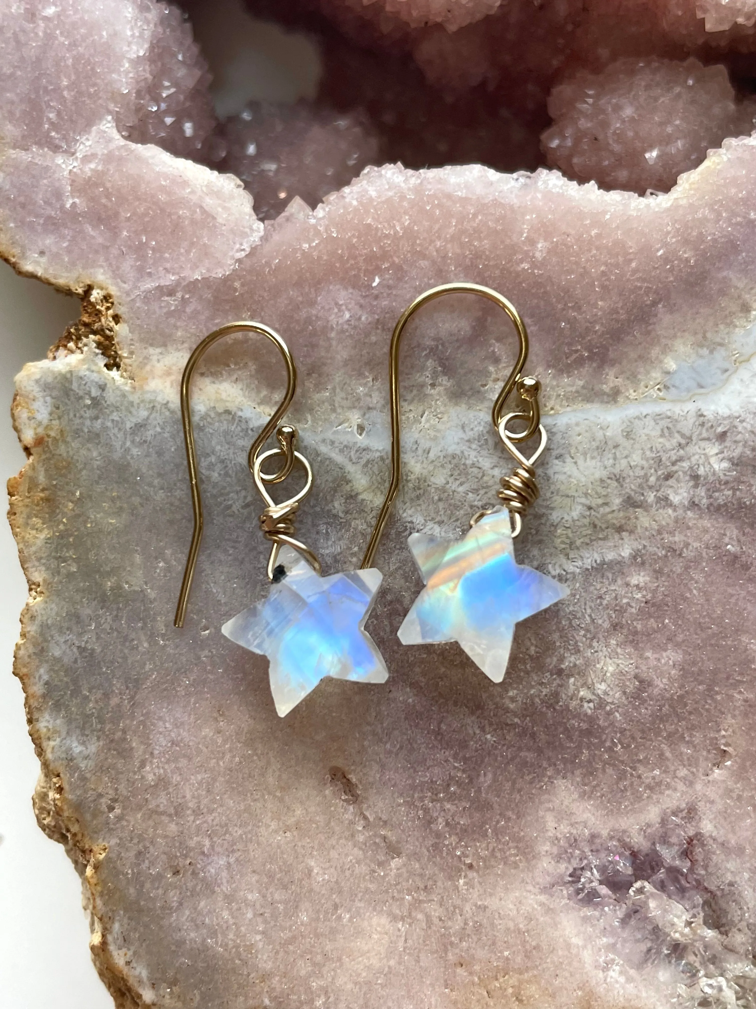 Dainty Rainbow Moonstone Star Earrings Gold filled or sterling silver