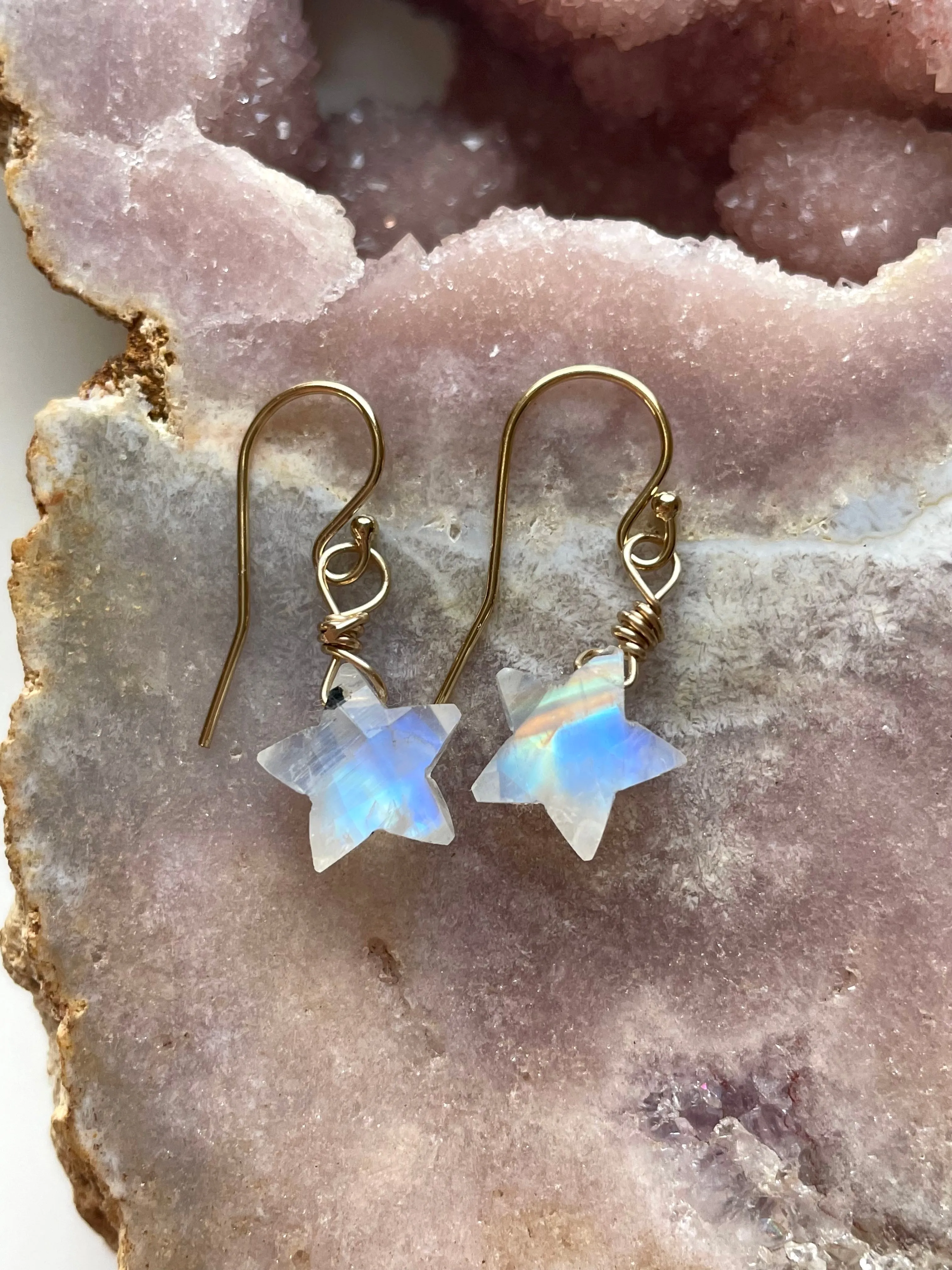 Dainty Rainbow Moonstone Star Earrings Gold filled or sterling silver