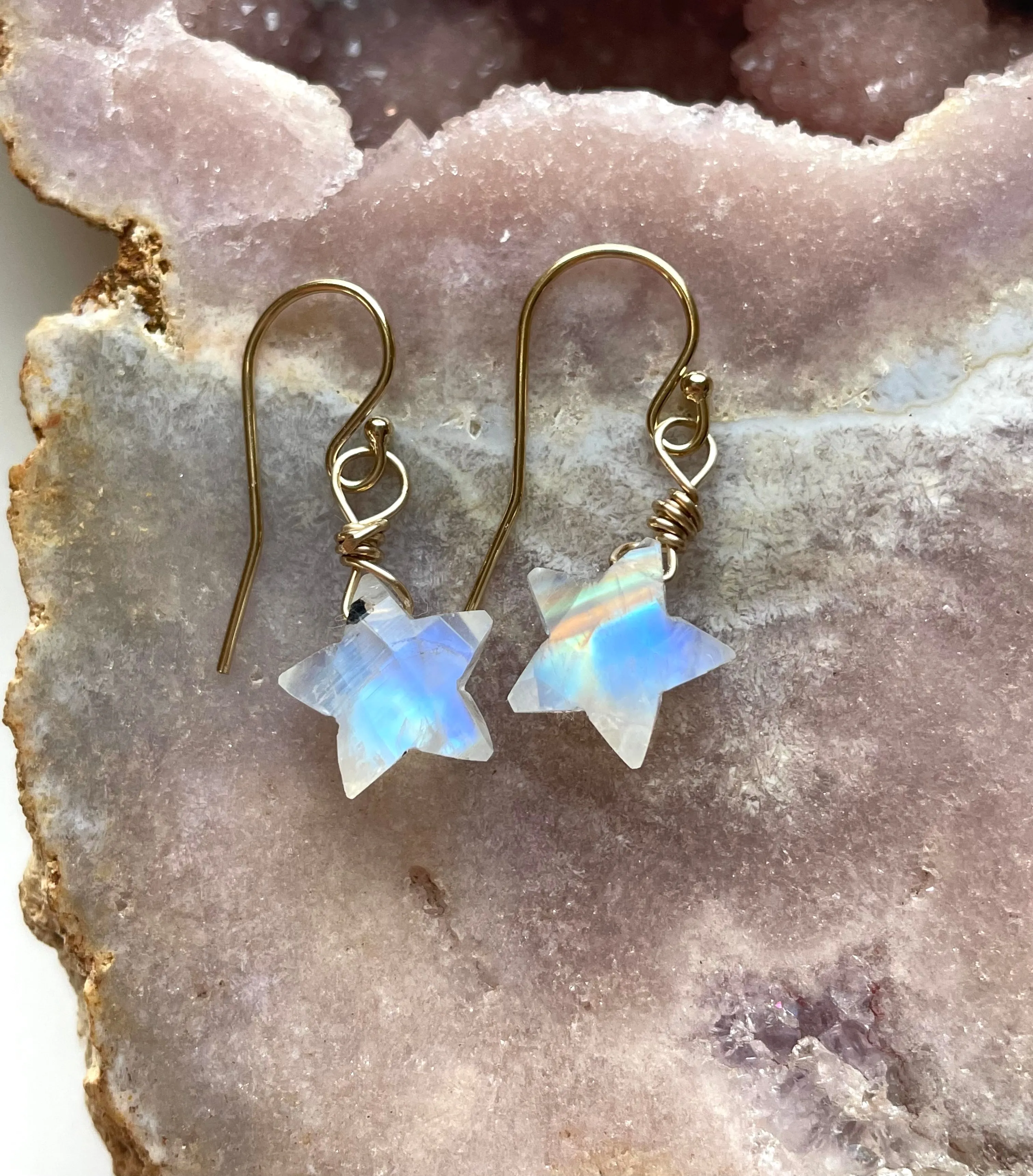Dainty Rainbow Moonstone Star Earrings Gold filled or sterling silver