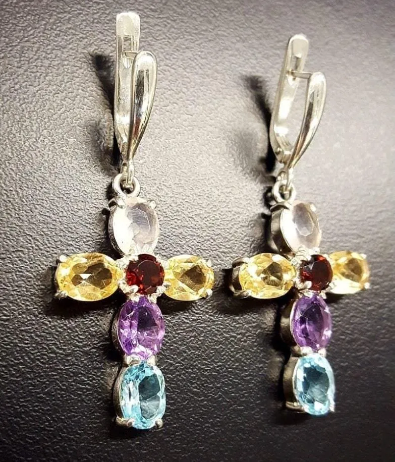Dangling Cross Earrings - Multistone Heavy Earrings - Large Colorful Earrings