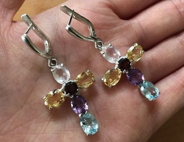 Dangling Cross Earrings - Multistone Heavy Earrings - Large Colorful Earrings