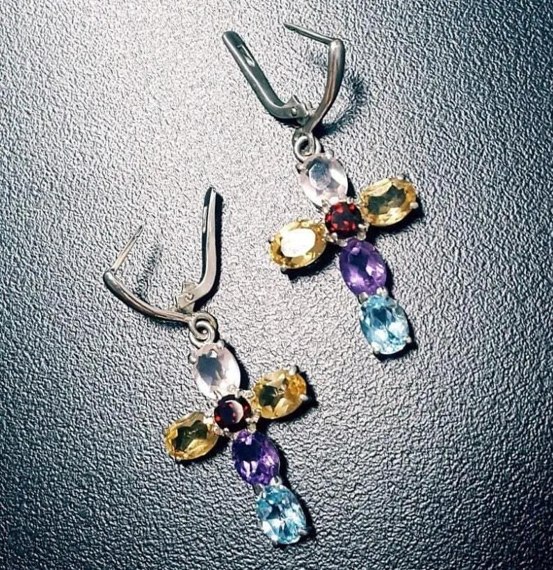 Dangling Cross Earrings - Multistone Heavy Earrings - Large Colorful Earrings