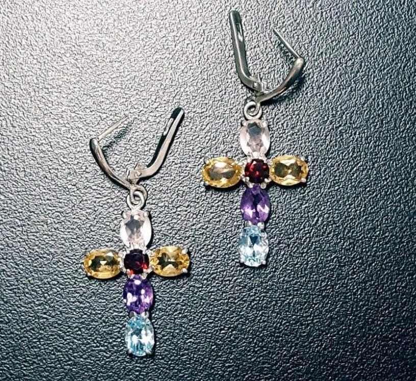 Dangling Cross Earrings - Multistone Heavy Earrings - Large Colorful Earrings