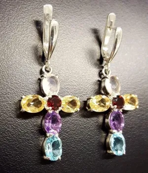 Dangling Cross Earrings - Multistone Heavy Earrings - Large Colorful Earrings