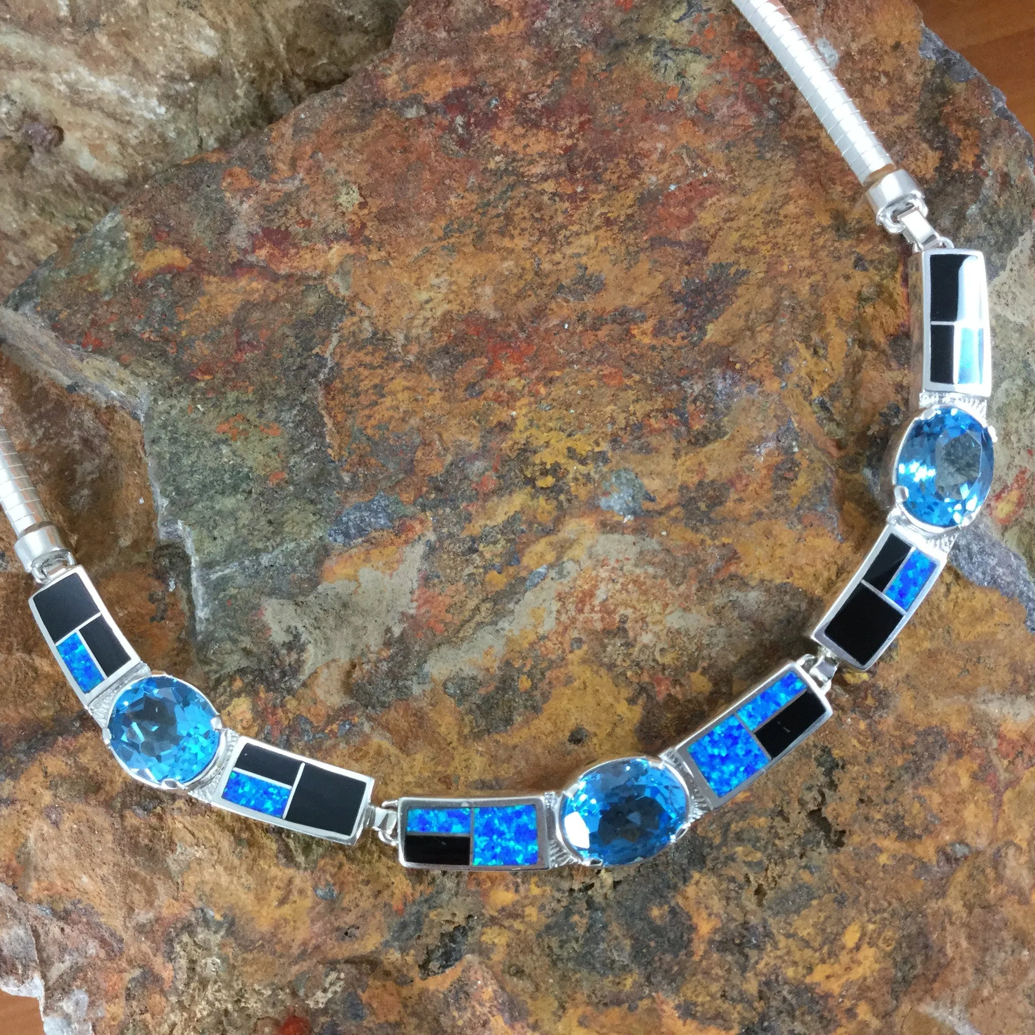 David Rosales Black Beauty Inlaid Sterling Silver Necklace w/ Blue Topaz