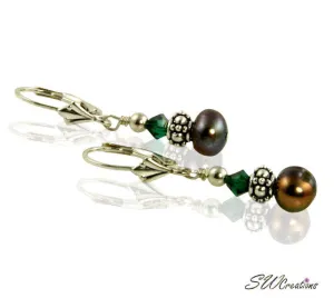 Emerald Brown Pearl Crystal Earrings