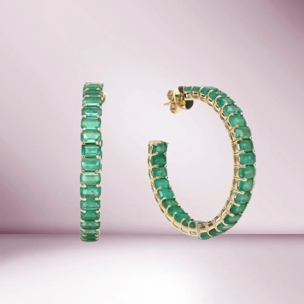 Emerald Cut Genuine Emerald Inside-Out Hoop Earrings (7.00 ct.) in 14K Gold