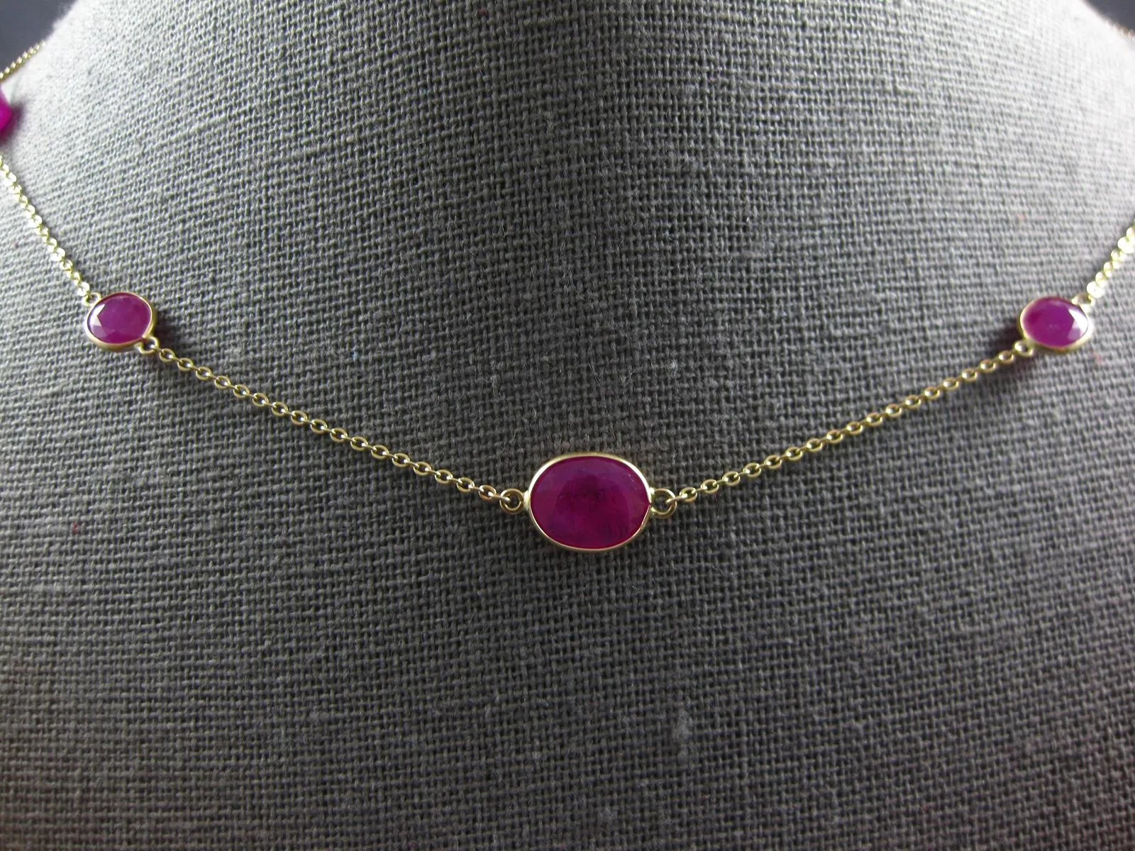 ESTATE LARGE & LONG 27.85CT RUBY 14KT YELLOW GOLD OVAL BY THE YARD LOVE NECKLACE