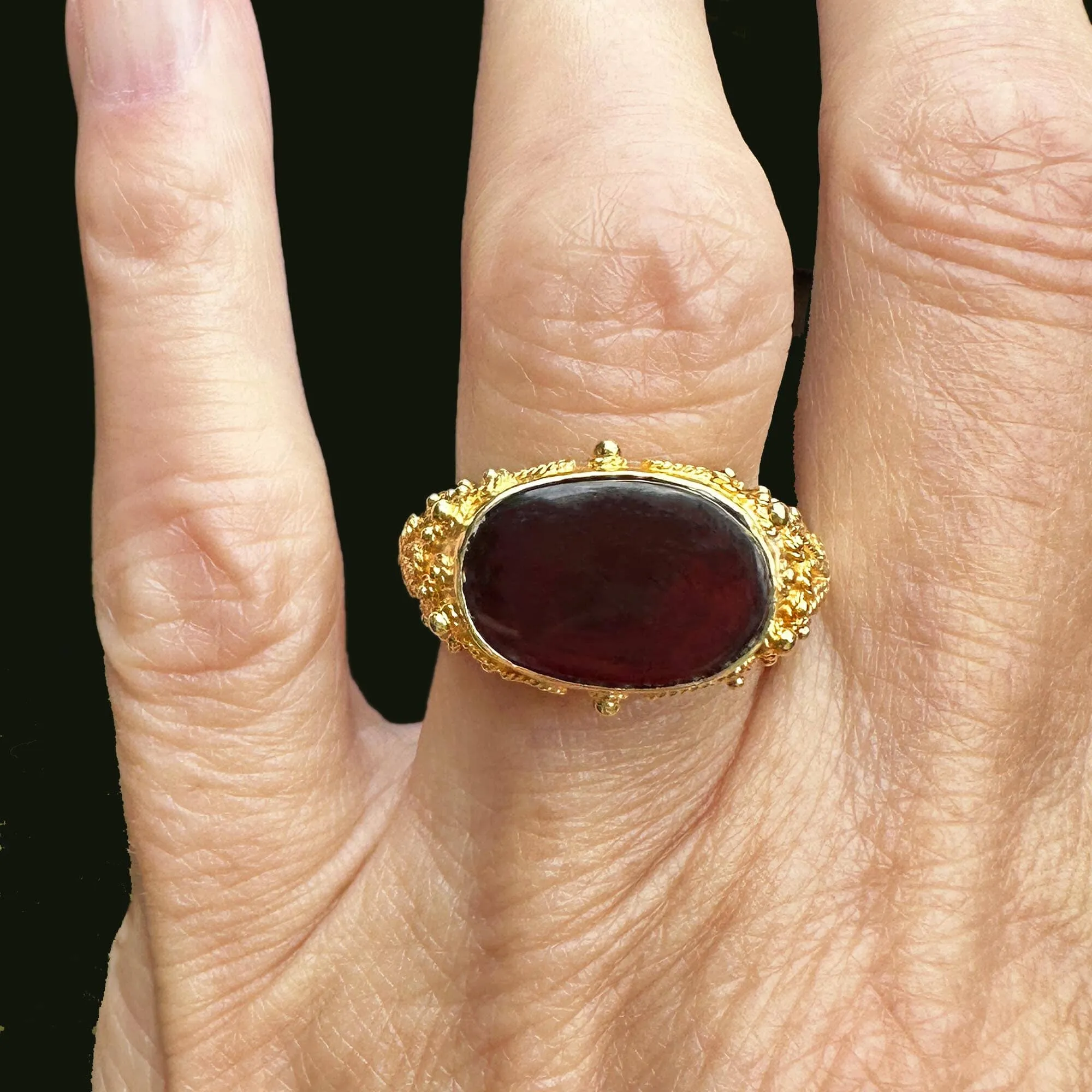 Etruscan 18K Gold East West Carnelian Signet Ring, Hammered Band